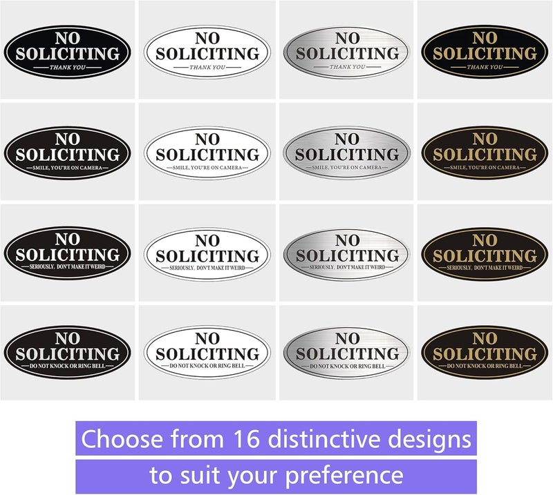 MongFun No Soliciting Sign for House Door, Self-adhesive 7" x 3" Metal Signs for Office Wall, Durable UV and Easy Mounting, Oval Design with Black White Colors (2 Pack WHITE) - Image 4